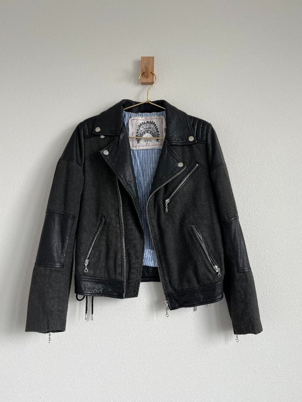 Vintage Boho Moto Model Off Duty Leather & Cotton Lined Patchwork Jacket